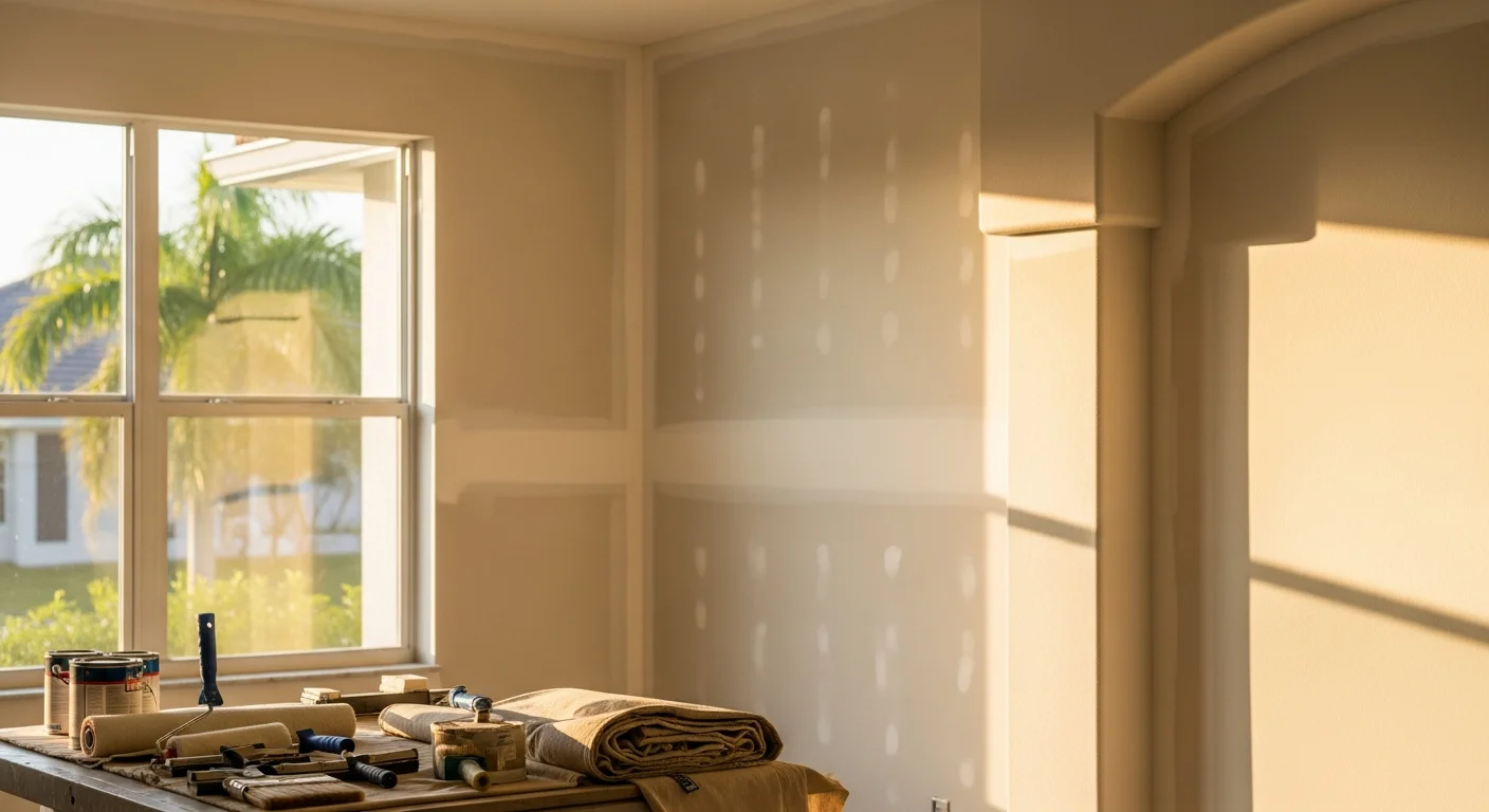 Interior home renovation project showing drywall and flooring work