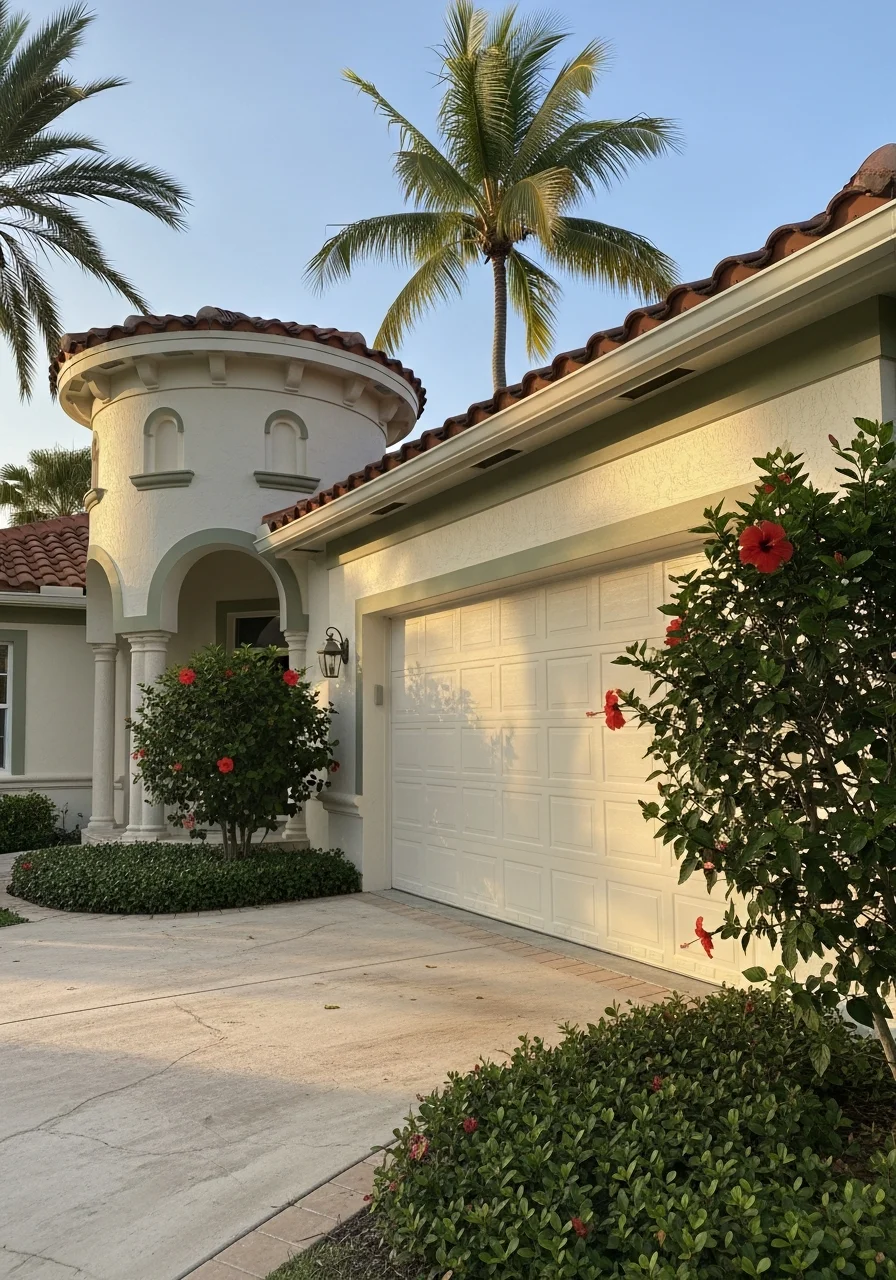 Close-up of a residential property in a Palm Beach County neighborhood with mature landscaping and well-maintained exterior finishes.