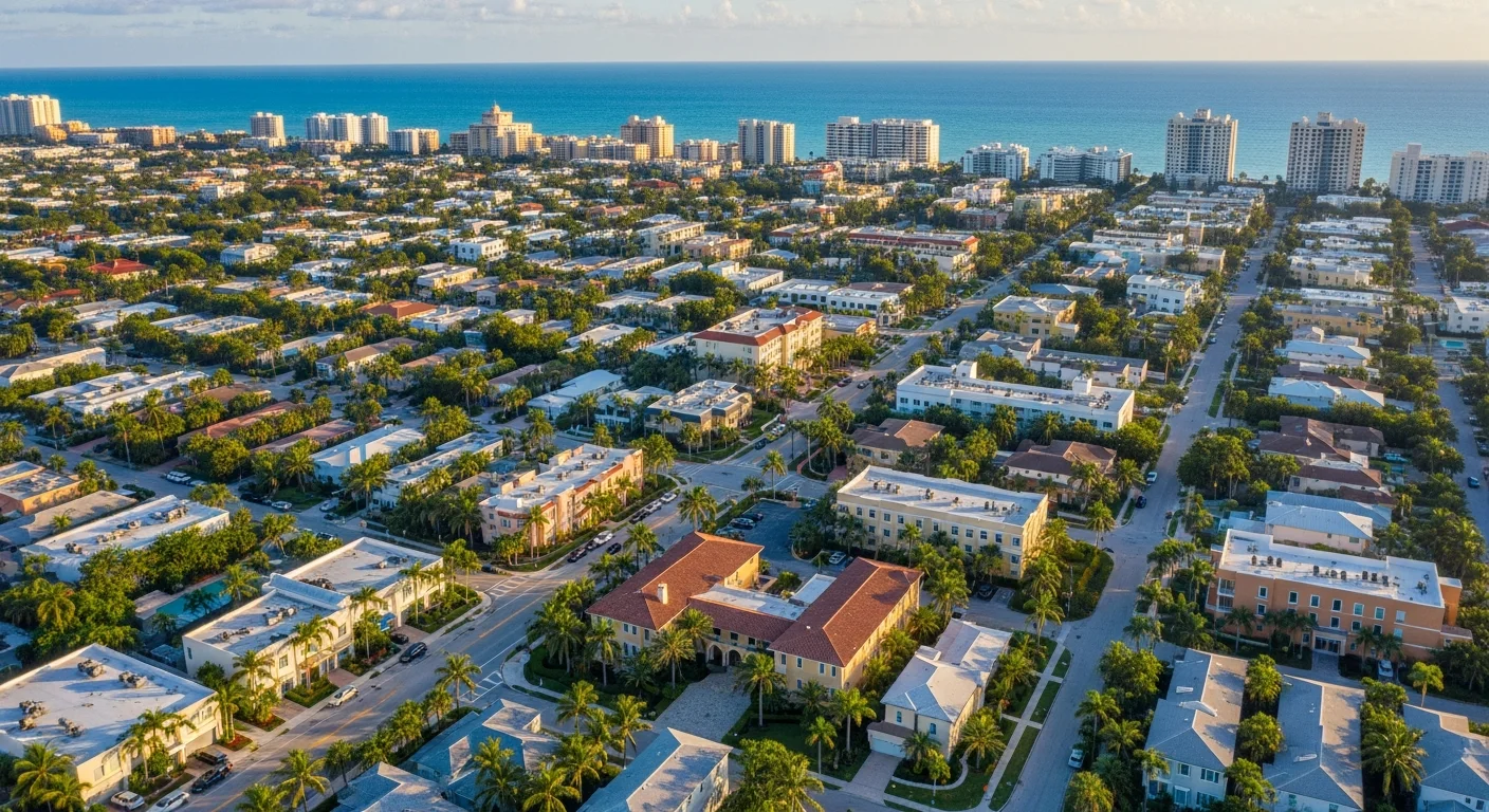 Aerial view of Palm Beach County coastline showing beachfront properties, residential neighborhoods, and mixed-use developments across multiple municipalities.