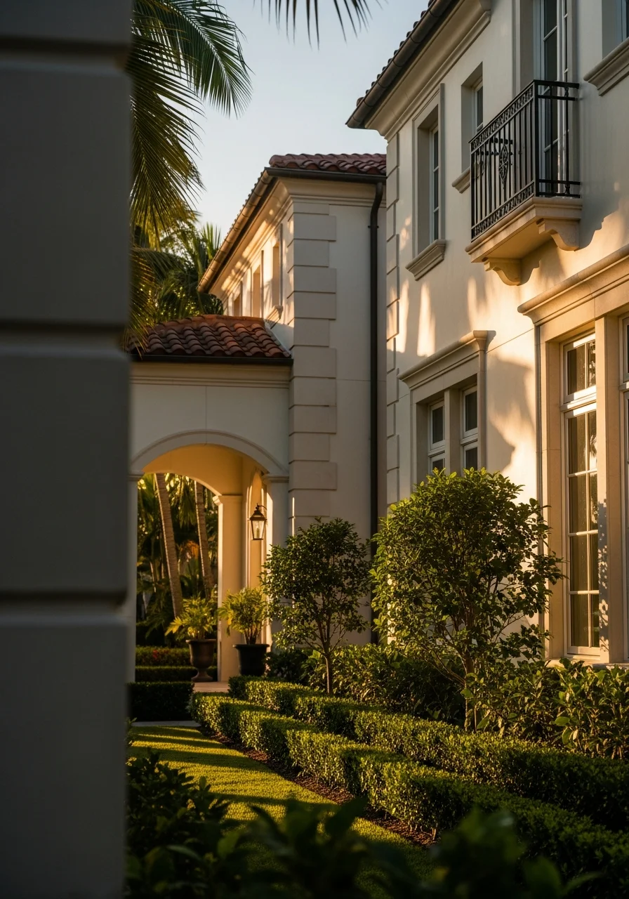 Elegant Palm Beach property exterior showing refined architectural details, manicured grounds, and prestigious neighborhood setting.
