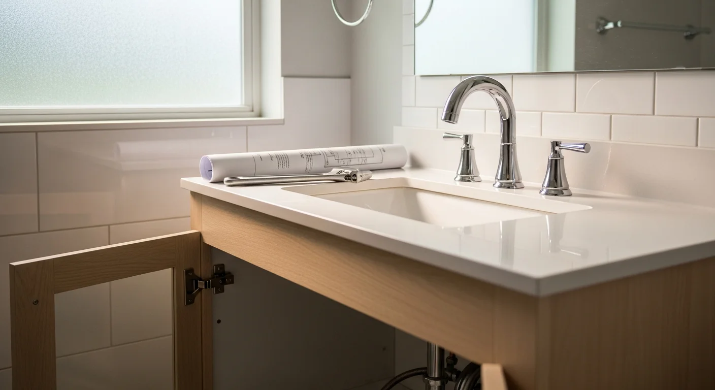 A newly installed bathroom vanity, sink, and faucet in a residential home in Lake Worth, FL, showing clean supply line connections and finished plumbing work. The bathroom reflects a completed fixture installation by Color Combinations Contracting serving Palm Beach County homeowners.