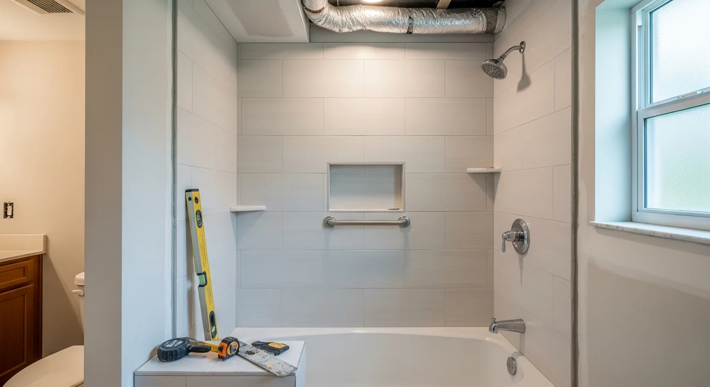 A renovated bathroom interior in a Lake Worth, FL home featuring floor-to-ceiling tile in the shower zone, a wall-mounted vanity, and updated ventilation. The finished space reflects moisture-resistant material choices suited to Palm Beach County's coastal climate.