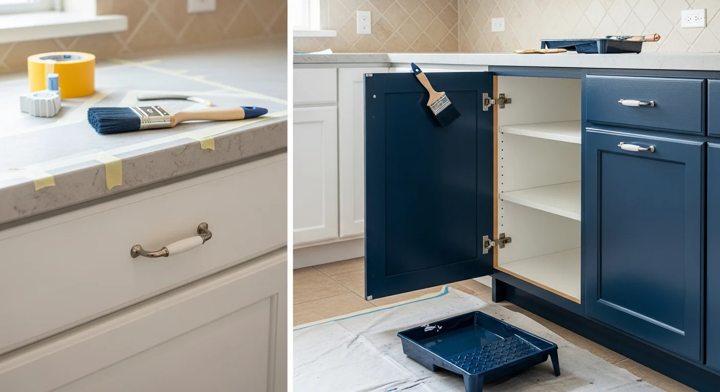 Freshly painted white kitchen cabinets in a Lake Worth, FL home with clean brush lines and a smooth, even finish. The cabinet doors are rehung and the hardware is reinstalled, showing the completed result of a professional cabinet painting service by Color Combinations Contracting.