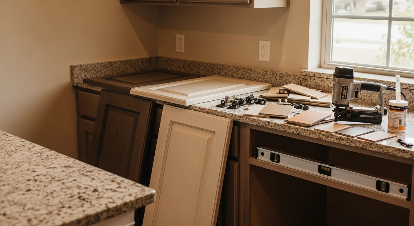 Refaced kitchen cabinets with new door fronts and updated hardware in a Lake Worth, FL home. The cabinet boxes are original, with fresh veneer and matching drawer fronts installed by Color Combinations Contracting.