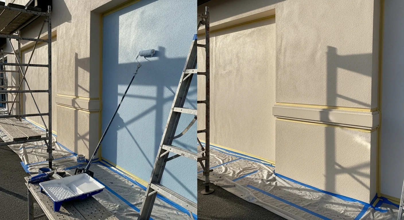Freshly painted exterior of a commercial office building in Lake Worth, FL, showing clean stucco walls with uniform color and sharp trim lines. The building sits in a Palm Beach County commercial corridor under bright South Florida sunlight.