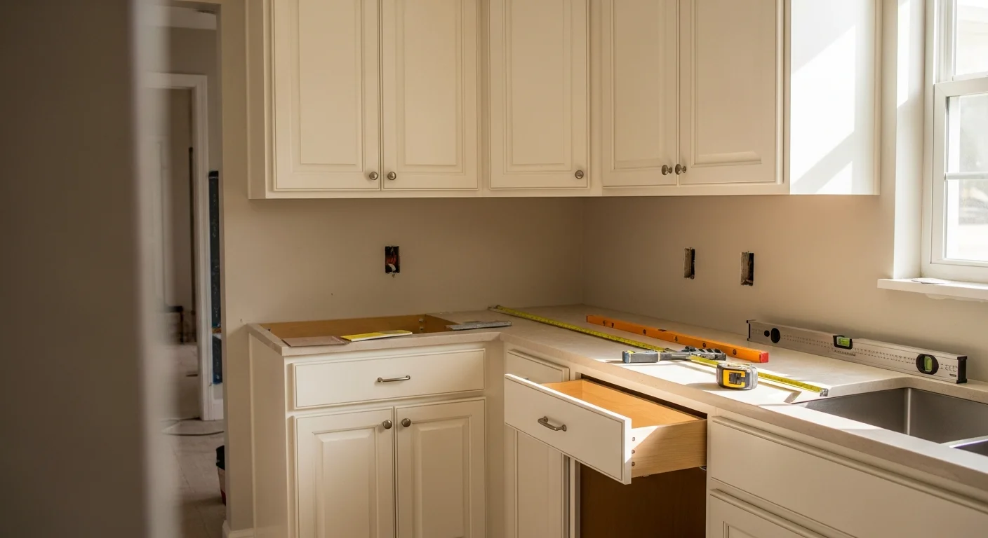 Newly installed custom kitchen cabinets with aligned doors and drawers in a Lake Worth, FL home. The cabinetry runs floor to ceiling along a concrete-block wall typical of Palm Beach County residential construction.