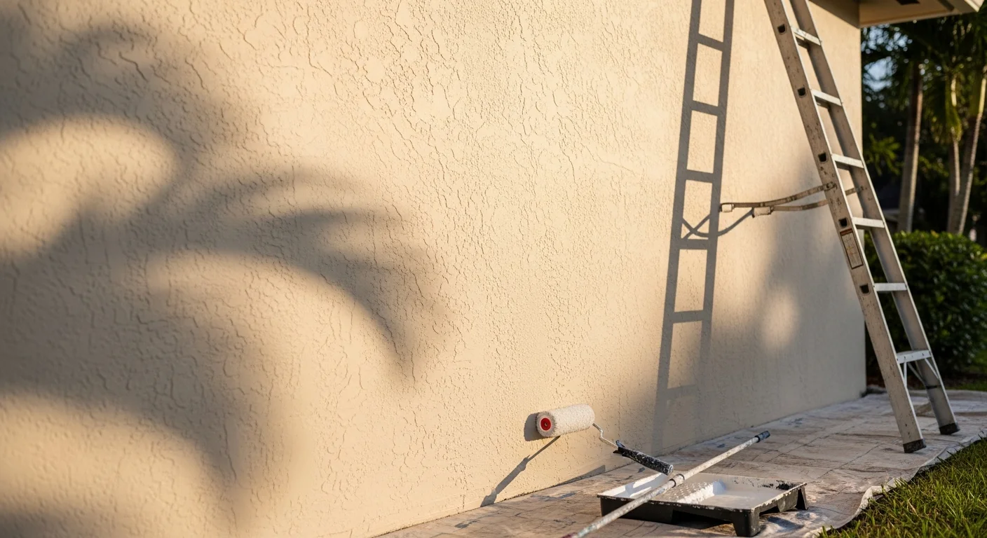 A freshly painted single-family stucco home exterior in Lake Worth, FL, showing clean trim lines, updated fascia, and an even coat of color on the main walls. The home sits in a Palm Beach County residential neighborhood under bright South Florida sunlight.