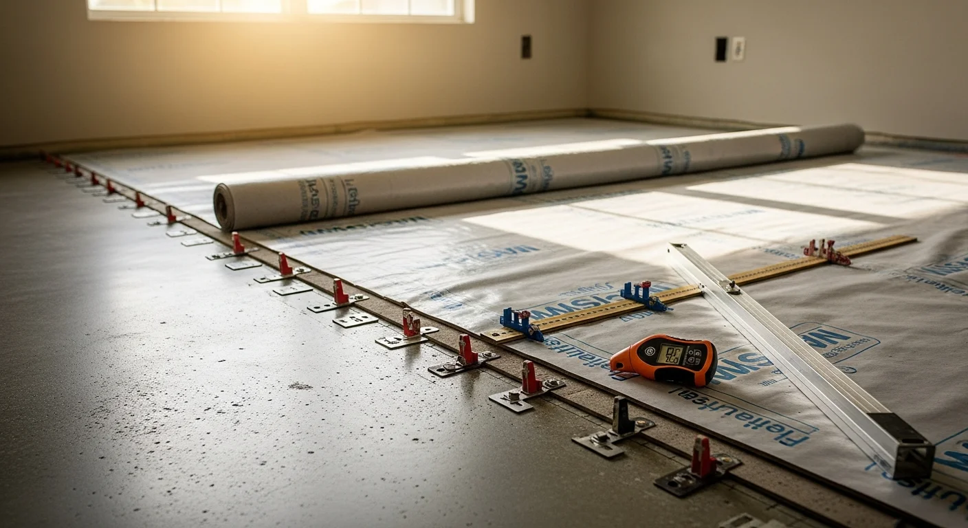 Freshly installed moisture-resistant flooring in a Lake Worth, FL home interior, showing a clean, flat surface across an open living area with natural light. The installation reflects subfloor preparation typical of Palm Beach County slab-foundation homes.