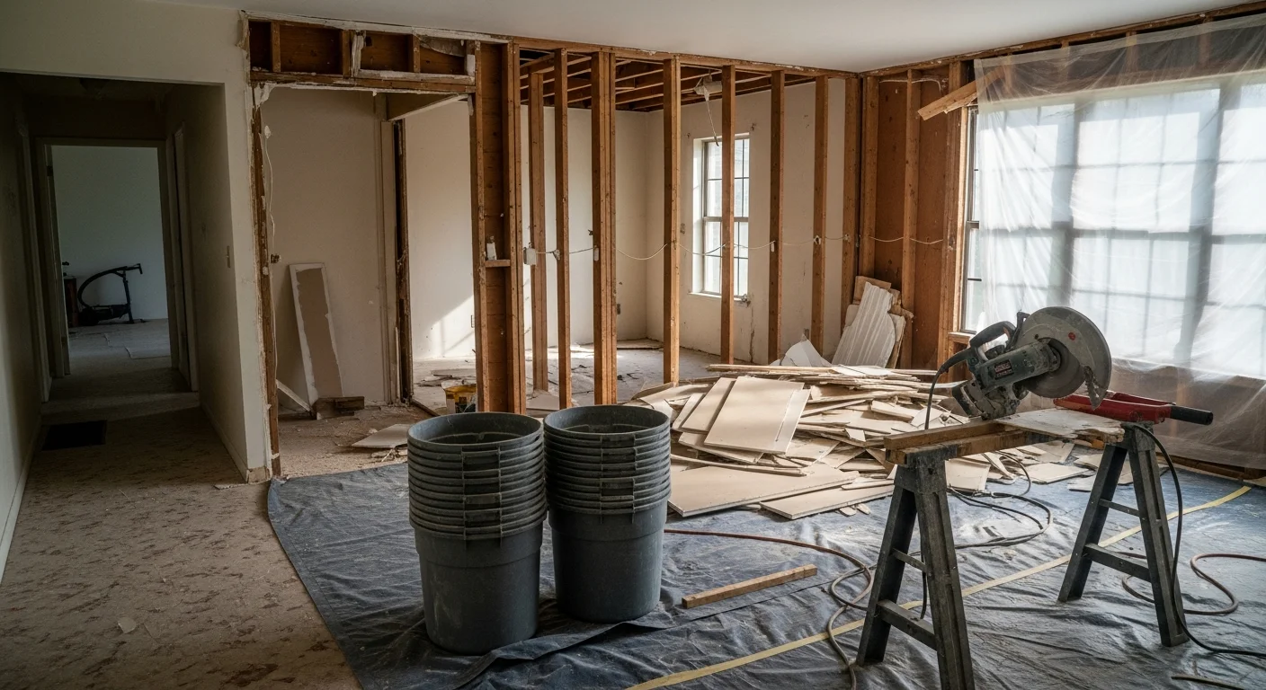 Interior of a Lake Worth, FL home mid-demolition, with flooring removed and wall framing exposed in preparation for a full remodel. Debris is staged for removal and surrounding rooms remain protected.
