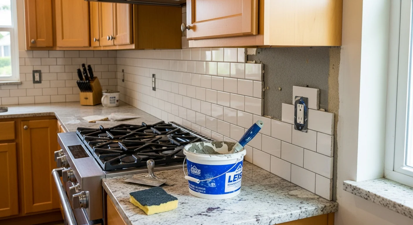 Freshly installed ceramic tile kitchen backsplash behind a cooktop in a Lake Worth, FL home, showing clean grout lines and flush edges along the underside of white cabinets. The tile runs from the countertop to the cabinet base with consistent spacing and sealed joints.