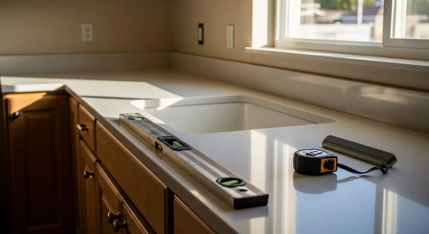Newly installed stone kitchen countertops in a Lake Worth, FL home, showing clean edge finishing and a fitted sink cutout. The kitchen reflects a typical Palm Beach County residential layout with natural light and updated surfaces.