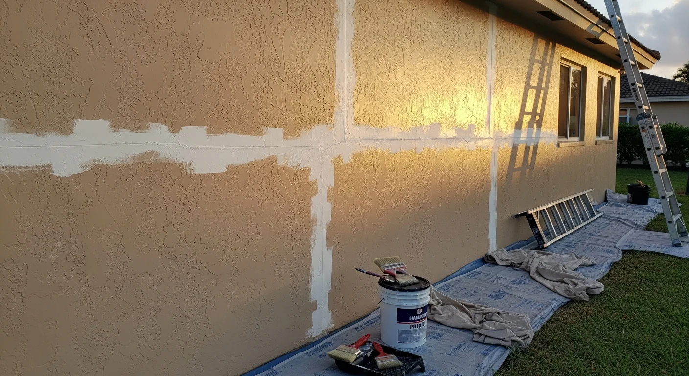 A freshly painted single-family stucco home exterior in Lake Worth, Florida, with clean trim lines and a light neutral color finish. The home sits in a Palm Beach County residential neighborhood under bright Florida sunlight.