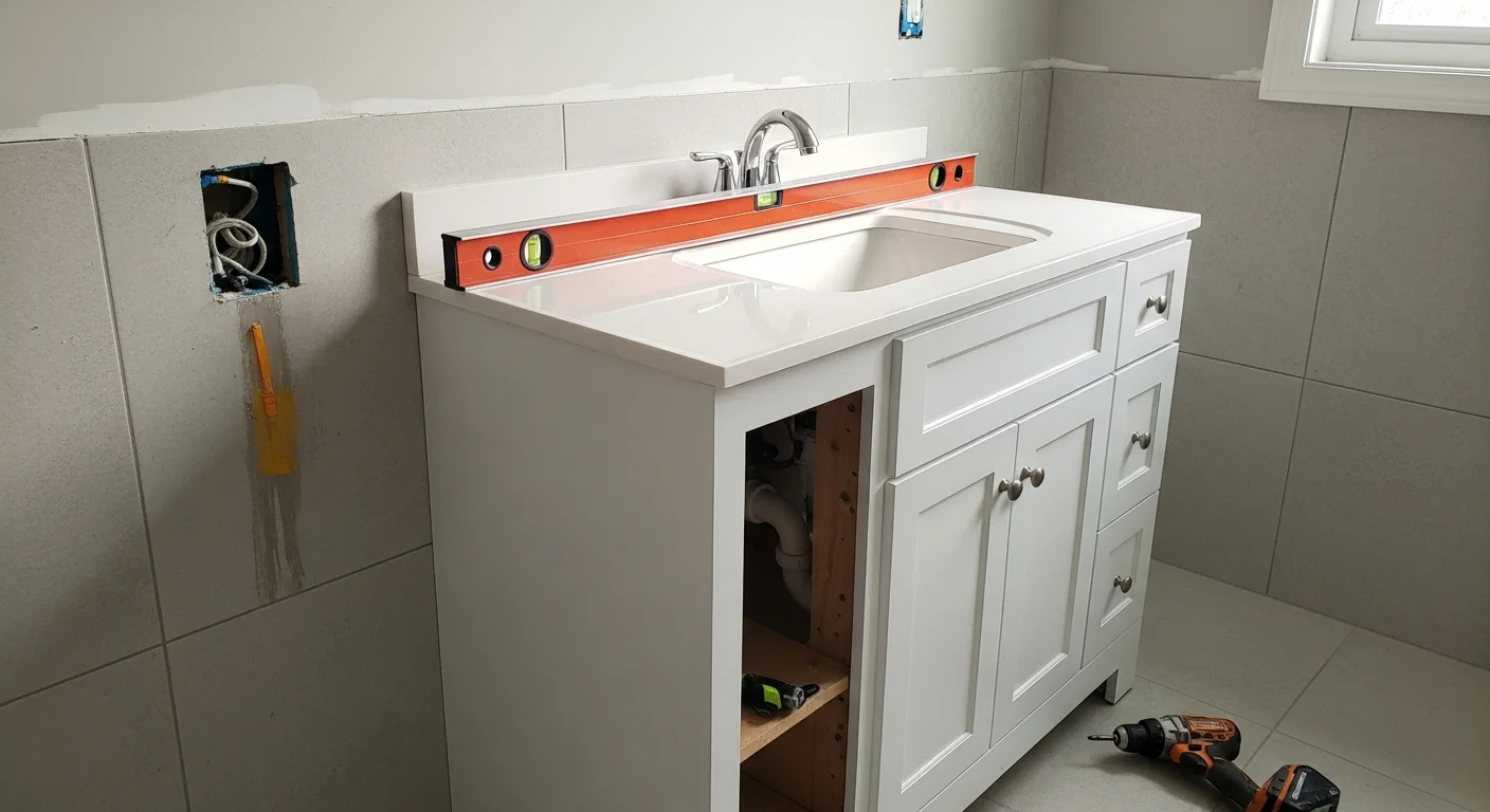 A newly installed bathroom vanity with a clean countertop and undermount sink in a Lake Worth, FL home, showing level cabinet doors, anchored base, and reconnected plumbing fixtures. The finished bathroom reflects a practical upgrade suited to Palm Beach County's humid coastal climate.
